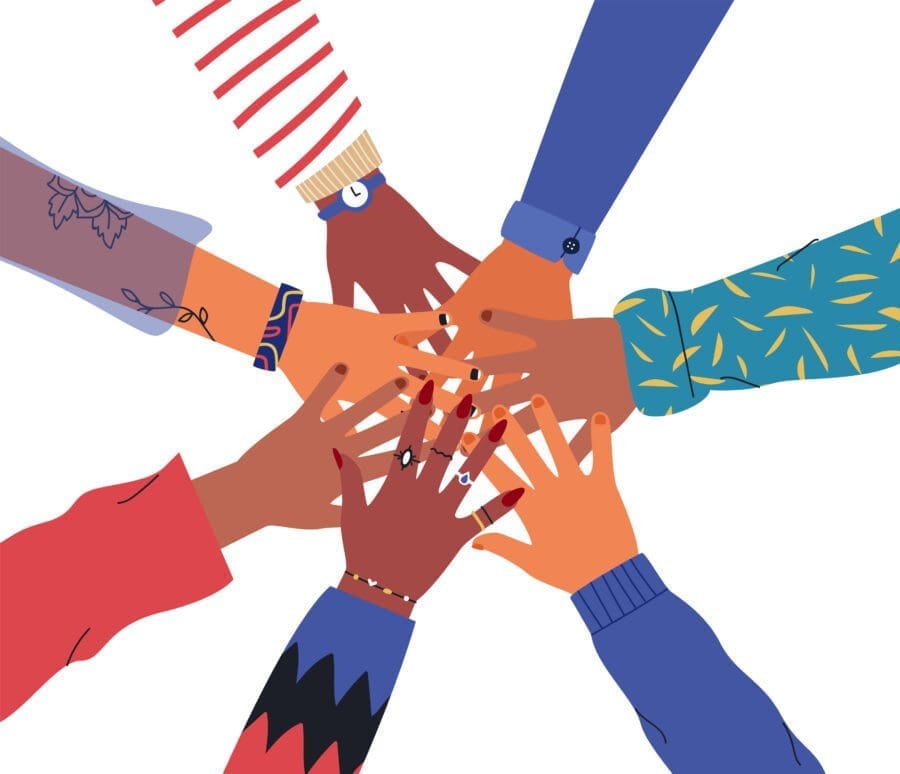 Friends high five concept. Illustration of people hands together for unity or diversity teamwork. 